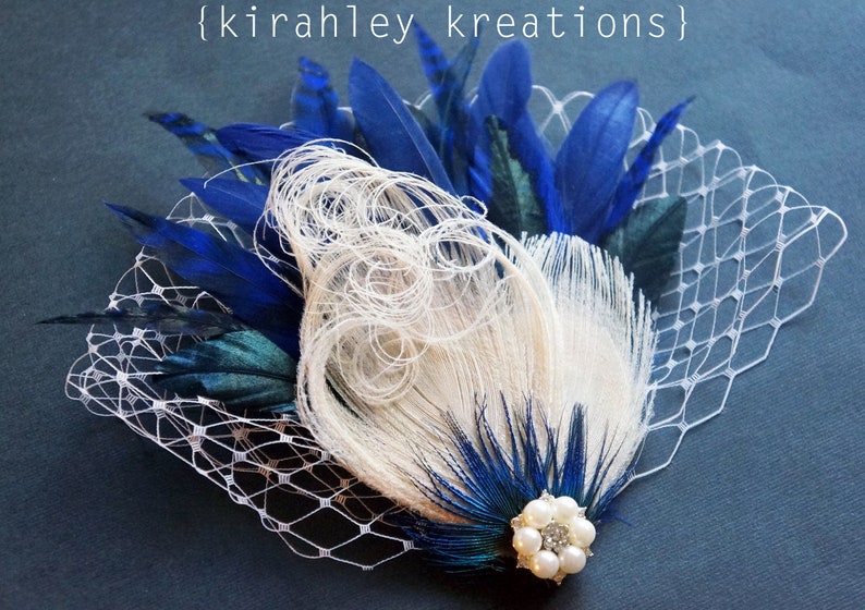 Navy Blue Peacock Feather Clip Gatsby Wedding Fascinator Ivory Pearl Bridal Hairpiece Rhinestone Bride Headpiece Birdcage Veiling image 4
