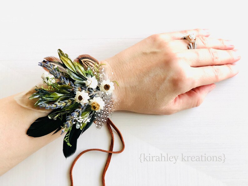 Rustic Fall Wedding Ivory Flower Wrist Corsage Lavender, Pheasant Feather, Green Leaf, Suede Leather Eucalyptus Groom Boutonniere Pin image 7