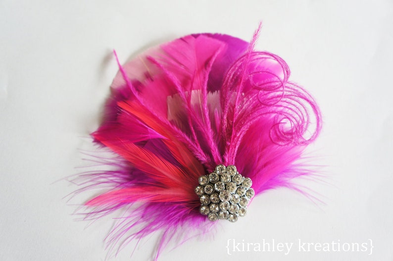 Hot Pink Feather Hair Clip Fuchsia Wedding Headpiece Great Gatsby Fascinator Bachelorette Party Bride Bridal Bridesmaid Prom Corsage image 1