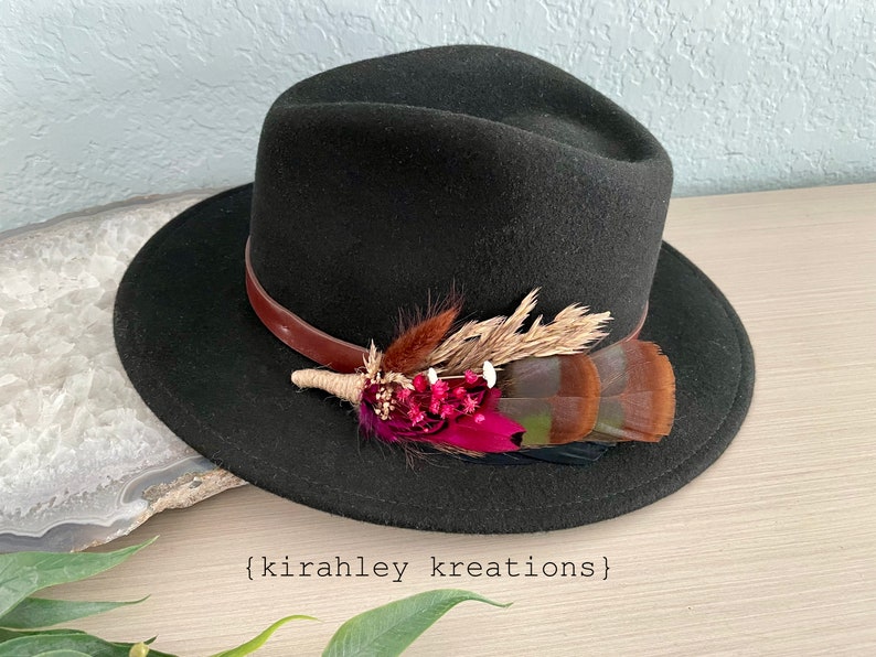 Boho Turkey Feather & Dried Flower Hat Pin Floral Hatpiece Rustic Hat Accessory Wedding Bridal Pin Lady Hat Brooch Western Cowgirl image 7