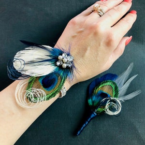 Peacock Feather Wrist Corsage Bridesmaid Rhinestone Bracelet Prom Cuff Wristlet Navy Blue Boutonniere Great Gatsby Hair Clip or Comb image 4