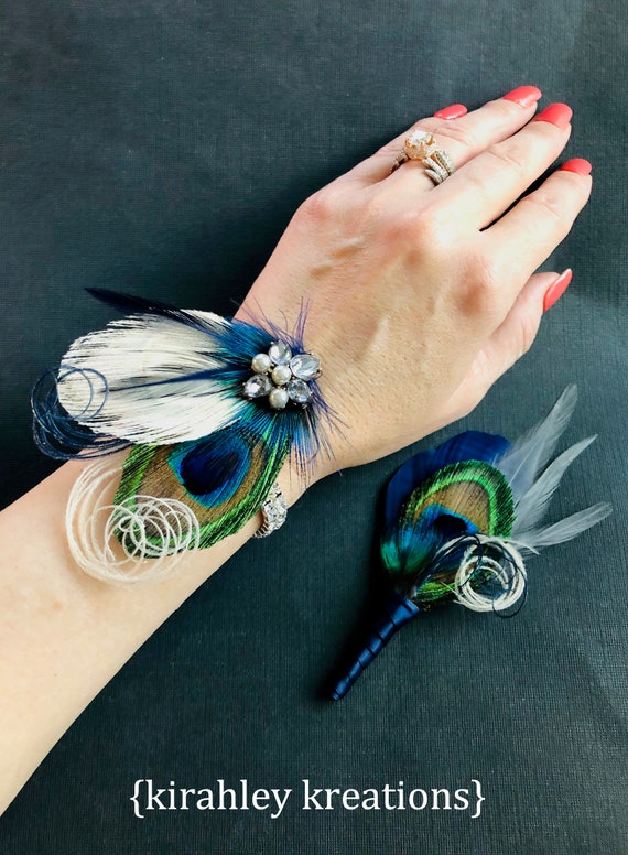 Peacock Feather Wrist Corsage | Prom Rhinestone Bracelet  display picture 3