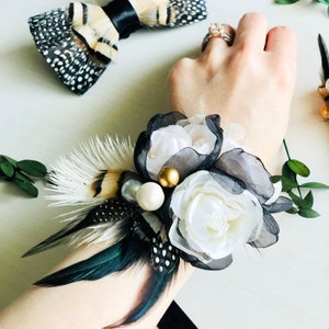 Black Gold Wrist Corsage | Ivory Rose Wedding Wristlet | Berry Flower Boutonniere | Guinea Feather Prom Bow Tie | Silver Bridesmaid Bracelet