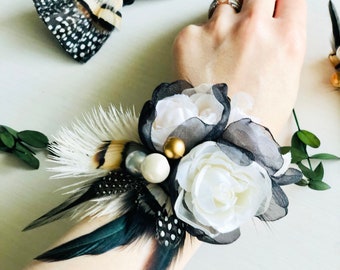 Black Gold Silver Wrist Corsage | Ivory Rose Wedding Wristlet | Berry Flower Boutonniere | Guinea Feather Bridesmaid Bracelet Prom Bow Tie