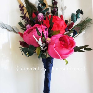 Wedding Bouquets Red Fuchsia Maroon Flowers Dried Flower Eucalyptus Bouquet Peacock, Gold Feather Bouquet Bridal Bridesmaid Flowers image 7