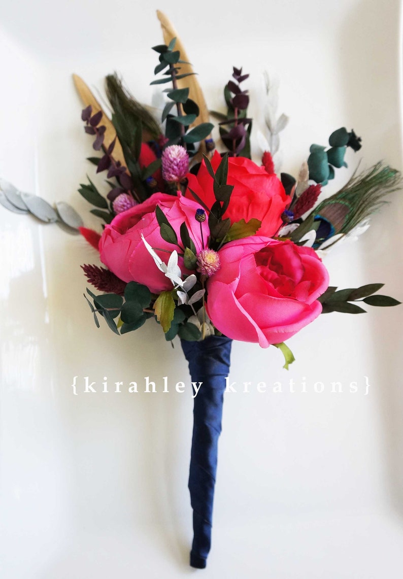 Wedding Bouquets Red Fuchsia Maroon Flowers Dried Flower Eucalyptus Bouquet Peacock, Gold Feather Bouquet Bridal Bridesmaid Flowers image 7