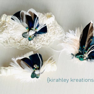 Conjunto de liga de plumas de mallard azul / flor seca conjunto de liga de eucalipto / recuerdo de boda de novia liga de lanzamiento / conjunto de liga nupcial de encaje de marfil imagen 9