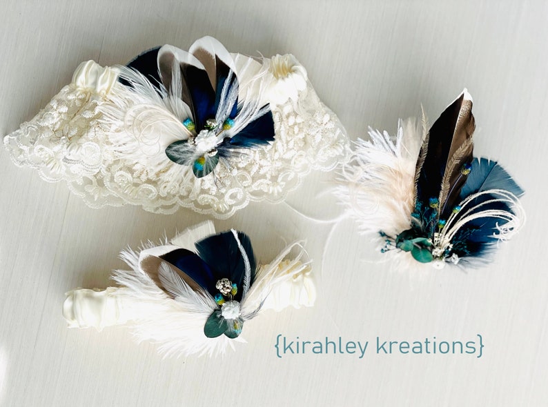 Blue Mallard Feather Garter Set Dried Flower Eucalyptus Garter Set Bride Wedding Keepsake Toss Garter Ivory Lace Bridal Garter Set image 9