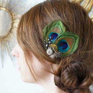Peacock Feather Hair Clip | Spotted Guinea Headpiece | Green Wedding Fascinator | Rhinestone Bridal Comb | Prom Dance Corsage or Boutonniere
