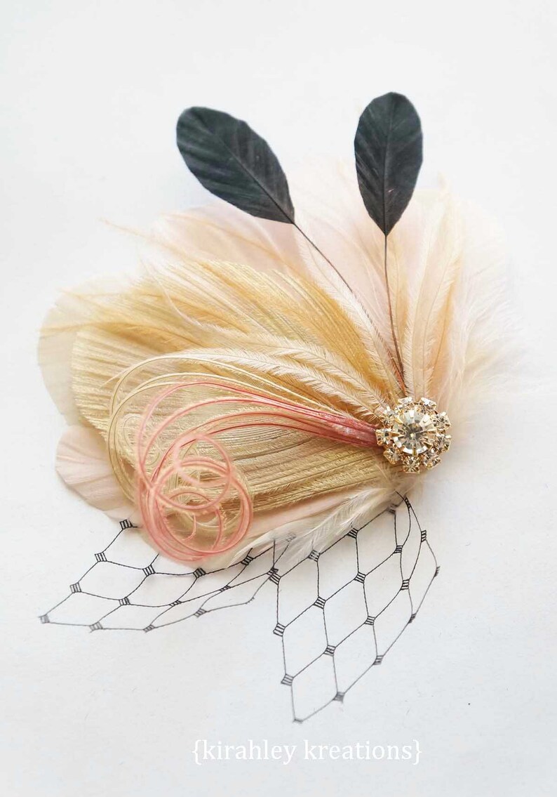 Blush Pink Peacock Hair Clip Black Wedding Bridal Veil Dusty Rose Feather Fascinator Bride Bridesmaid Headpiece Great Gatsby Prom image 4