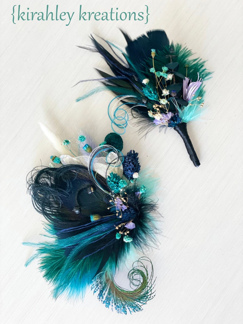 Pluma de pavo real negro clip de pelo de flores secas / azul marino, verde oscuro, postizo púrpura / corsage de boda tono joya / boutonniere de novio imagen 2