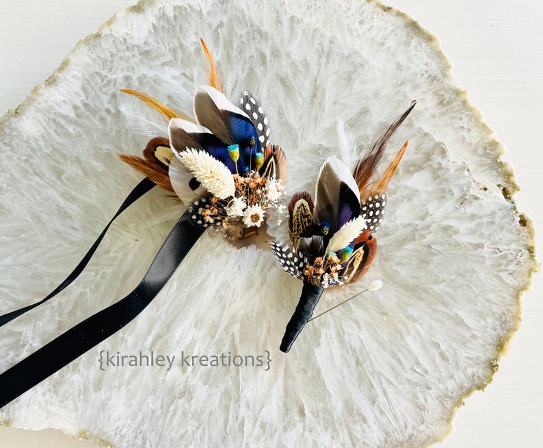 Mallard Feather Wedding Boutonniere Duck Feather Wrist Corsage Groom Pheasant Boutonniere Blue Dried Flowers Rustic Fall Bridal Clip image 1