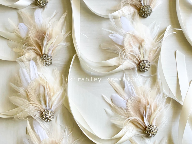 Pinza para el pelo con plumas de pavo real color marfil / Tocado de novia estilo Gran Gatsby / Postizo de novia blanco / Ramillete de muñeca color champán para graduación / Peineta de boda estilo bohemio imagen 17