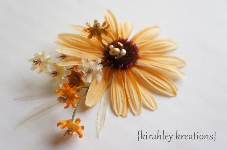 Rustic DAISY Flower Boho Bride Hair Clip SHIP READY Autumn Fall Wedding Bridal Hairpiece Blooms Headpiece Ivory Feathers Freshwater Pearl