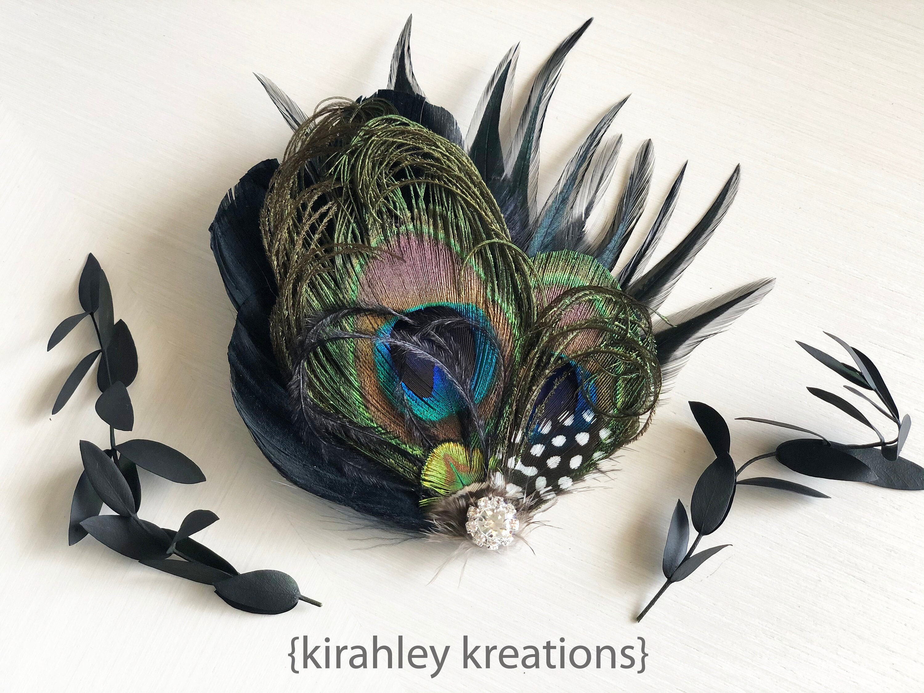 Great Gatsby Peacock Hair Clip | Black Guinea Feather Wedding Fascinator | Bride Rhinestone Headpiece | Bridesmaid Prom Hairpiece Bridal
