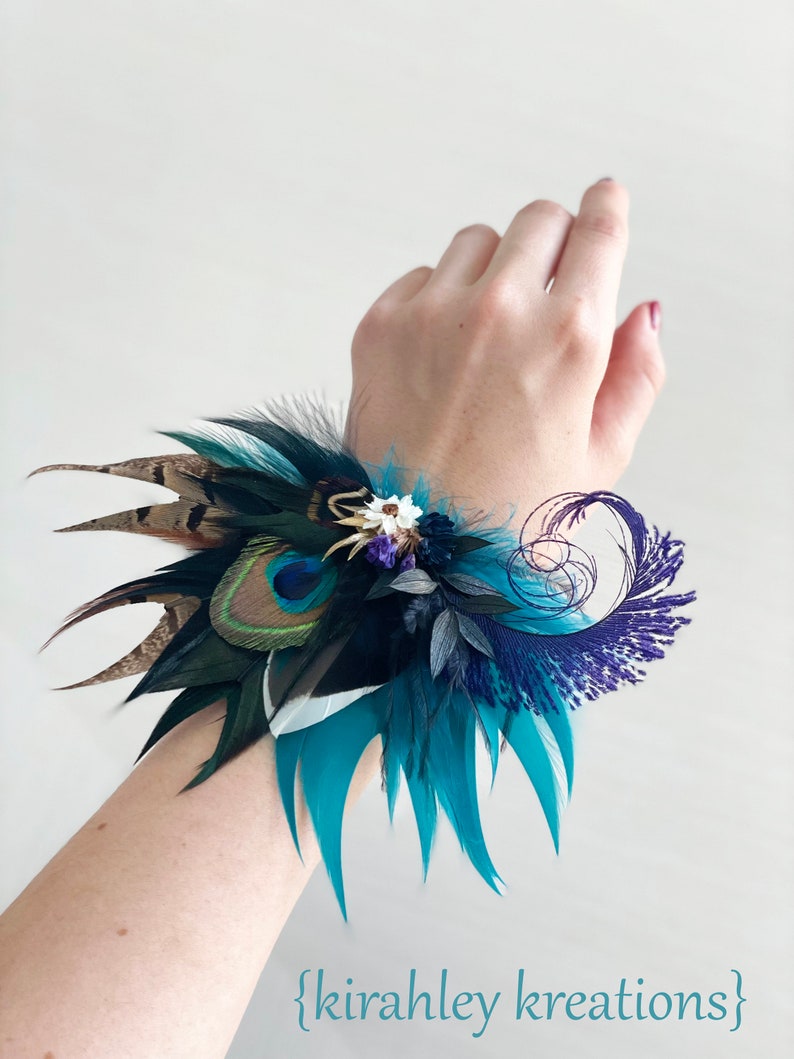 Mallard, Peacock Feather, Dried Flower Hair Clip Teal Blue Black, Purple Hairpiece Jewel Tone Wedding Corsage Rustic Groom Boutonniere image 5