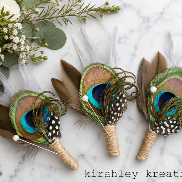 Rustic Peacock Boutonniere | Brown Mallard Duck, Gray Guinea Feathers | Groom Wedding Lapel Pin | Prom Buttonhole | Country Burlap Corsage