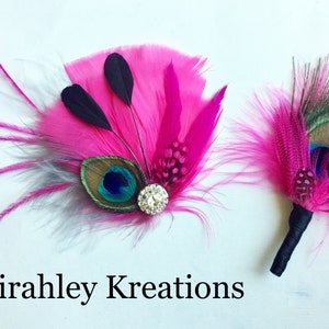 Hot Pink & Black Peacock Corsage Wedding Feather Hair Clip Bride Fuchsia Fascinator Groom Boutonniere Great Gatsby Prom Headpiece image 2