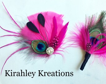 Hot Pink & Black Peacock Corsage | Wedding Feather Hair Clip | Bride Fuchsia Fascinator | Groom Boutonniere | Great Gatsby Prom Headpiece