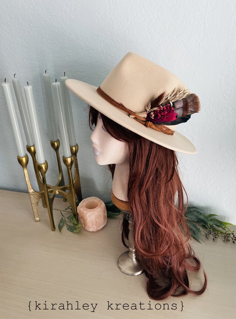 Boho Turkey Feather & Dried Flower Hat Pin Floral Hatpiece Rustic Hat Accessory Wedding Bridal Pin Lady Hat Brooch Western Cowgirl image 4