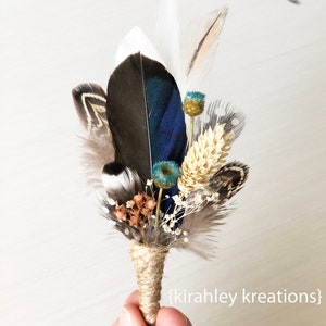 Mallard Feather Wedding Boutonniere Duck Feather Wrist Corsage Groom Pheasant Boutonniere Blue Dried Flowers Rustic Fall Bridal Clip image 9