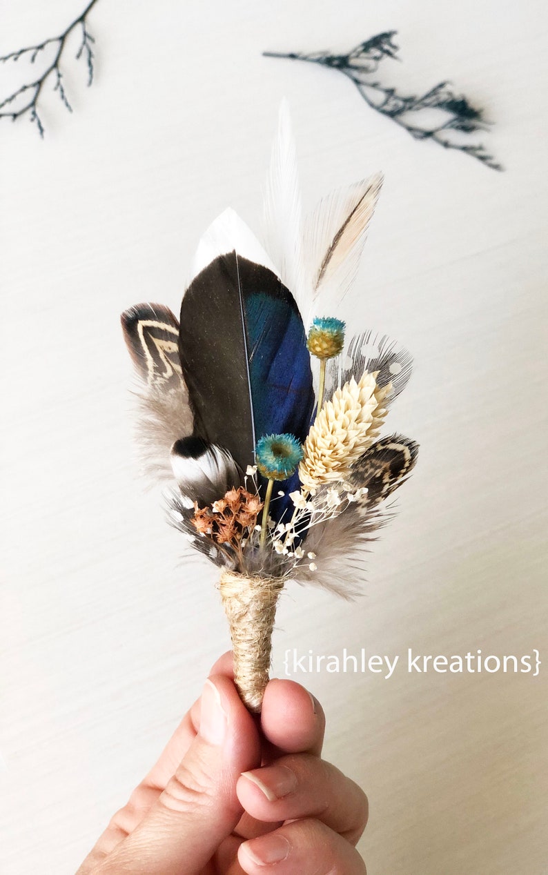 Mallard Feather Wedding Boutonniere Duck Feather Wrist Corsage Groom Pheasant Boutonniere Blue Dried Flowers Rustic Fall Bridal Clip image 9