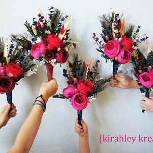 Wedding Bouquets Red Fuchsia Maroon Flowers Dried Flower Eucalyptus Bouquet Peacock, Gold Feather Bouquet Bridal Bridesmaid Flowers image 1