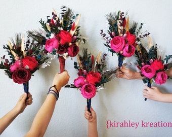 Wedding Bouquets | Red Fuchsia Maroon Flowers | Dried Flower Eucalyptus Bouquet | Peacock, Gold Feather Bouquet | Bridal Bridesmaid Flowers