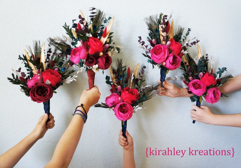Wedding Bouquets Red Fuchsia Maroon Flowers Dried Flower Eucalyptus Bouquet Peacock, Gold Feather Bouquet Bridal Bridesmaid Flowers image 1