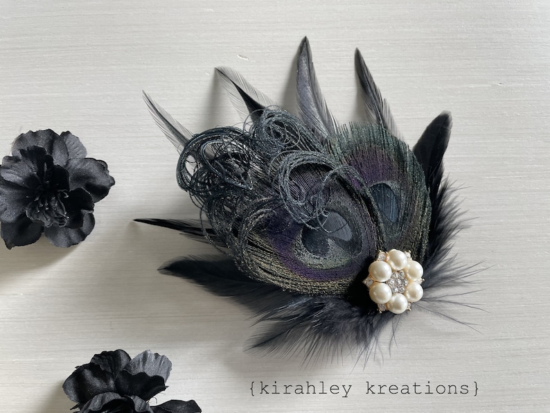 Black Peacock Feather Hair Clip Dark Wedding Fascinator Great Gatsby Holiday Hairpiece Rhinestone Corsage Goth Halloween Headpiece image 1