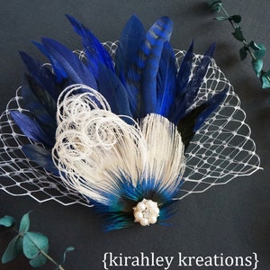 Navy Blue Peacock Feather Clip Gatsby Wedding Fascinator Ivory Pearl Bridal Hairpiece Rhinestone Bride Headpiece Birdcage Veiling image 5