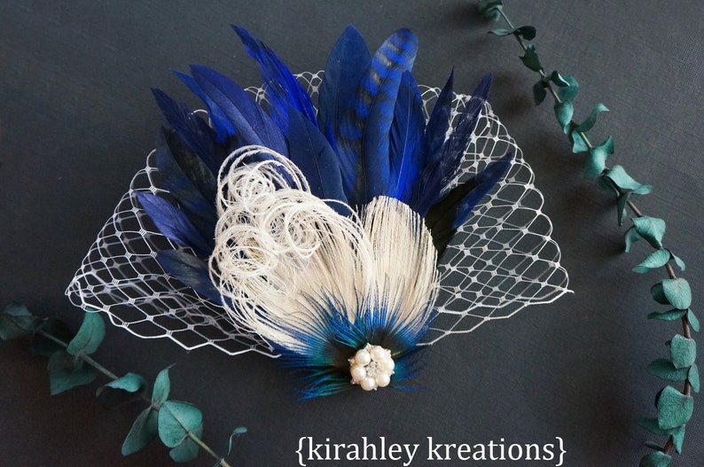 Navy Blue Peacock Feather Clip Gatsby Wedding Fascinator Ivory Pearl Bridal Hairpiece Rhinestone Bride Headpiece Birdcage Veiling image 5