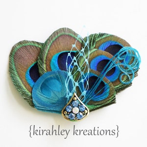 Peacock Feather Hair Clip | Turquoise Bridal Wedding Fascinator | Teal Green Bride Comb | Prom Wrist Corsage | Blue Rhinestone Birdcage Veil