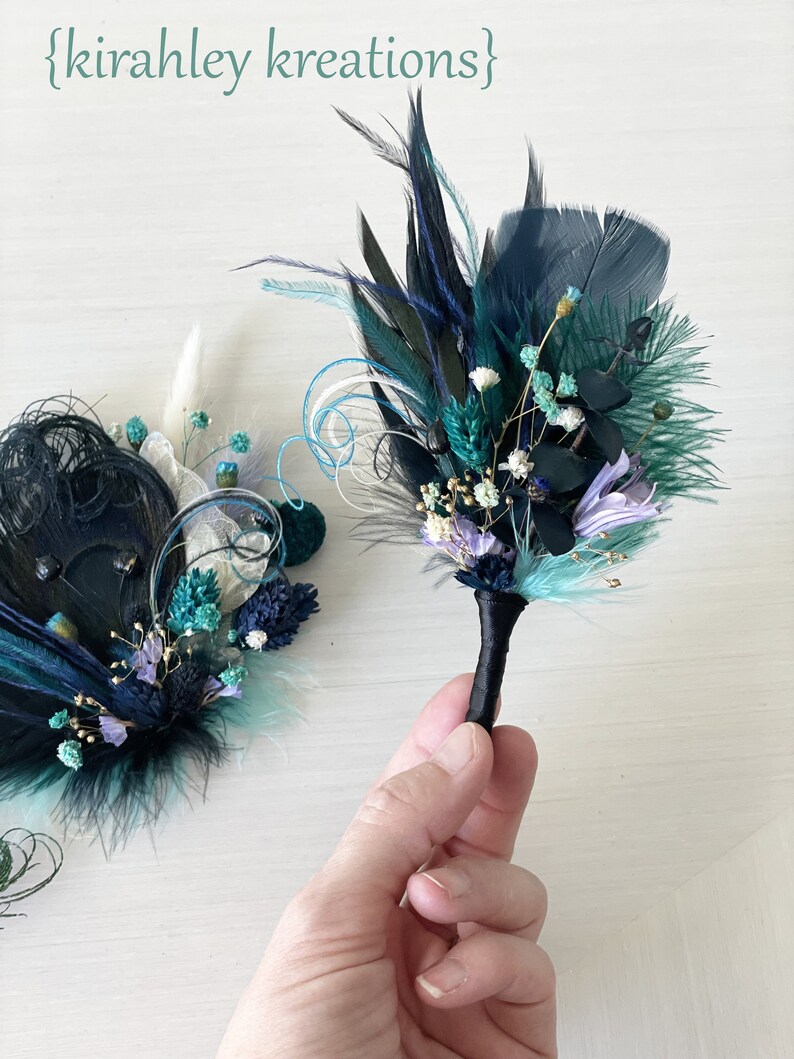 Plume de paon noire barrette fleur séchée Postiche bleu marine, vert foncé, violet Corsage de mariage couleur bijou Boutonnière du marié image 6