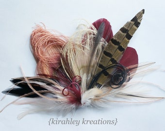 Pheasant & Peacock Bridal Hair Clip | Blush Pink, Burgundy, Maroon Feather Headpiece | Bride Wedding Comb | Derby Fascinator | Prom Corsage