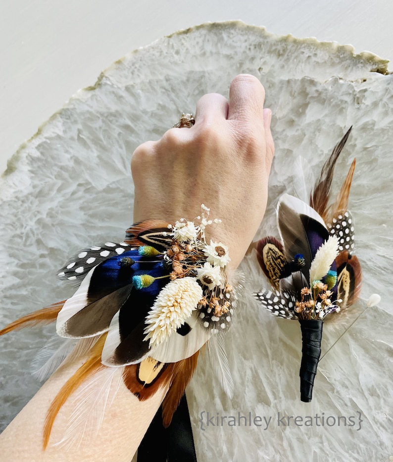 Mallard Feather Wedding Boutonniere Duck Feather Wrist Corsage Groom Pheasant Boutonniere Blue Dried Flowers Rustic Fall Bridal Clip image 5