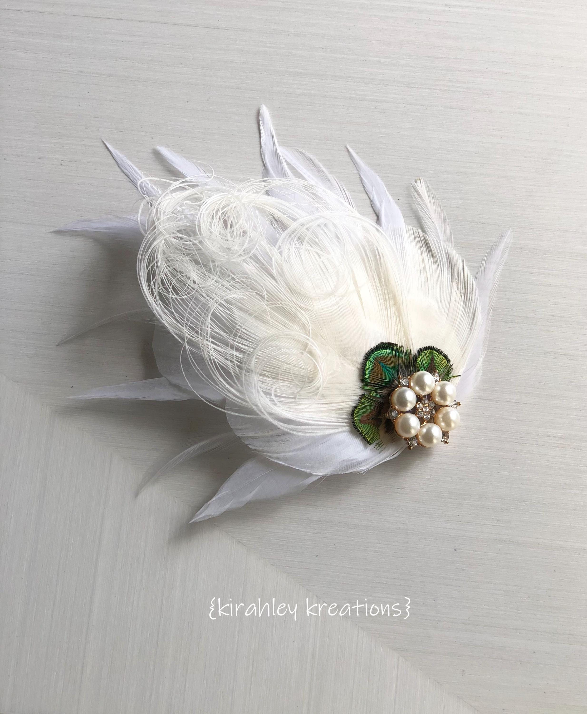 4769 1920s Peacock Feather Hair Clip Flapper Fascinators White Pearl Gatsby White Peacock Feather Hair Clip | Green Great Gatsby  main image 2