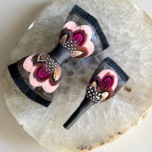 Turkey Pheasant Feather Bow Tie | Black Leather Wedding Bowtie | Peach, Bronze Fuchsia Neck Tie | Boutonniere, Lapel Pin, Pocket Square