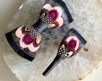 Turkey Pheasant Feather Bow Tie | Black Leather Wedding Bowtie | Peach, Bronze Fuchsia Neck Tie | Boutonniere, Lapel Pin, Pocket Square