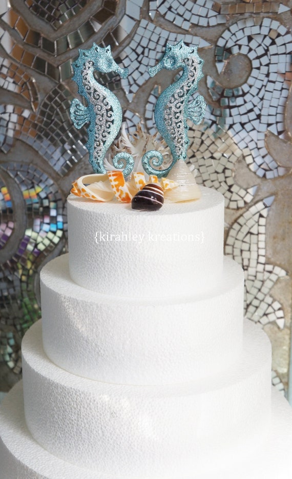 Seahorse Cake Topper Bride Groom Wedding Light Teal Blue Silver Glitter Metal Scroll Beach Nautical Ocean