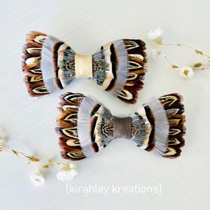 NEIL Rustic Feather Bow Tie | Pheasant Partridge Turkey | Bronze Cream Gray Feathers | Hunter Groom Wedding Attire | Mens Leather Neck Tie