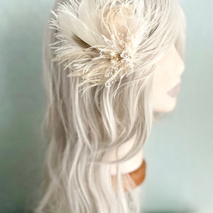 White Ivory Feather and Dried Flower Hairpiece Bridal Hair Comb Skeleton Leaf Hair Clip Babys Breath, Peacock Sword and Herl, Ostrich image 2
