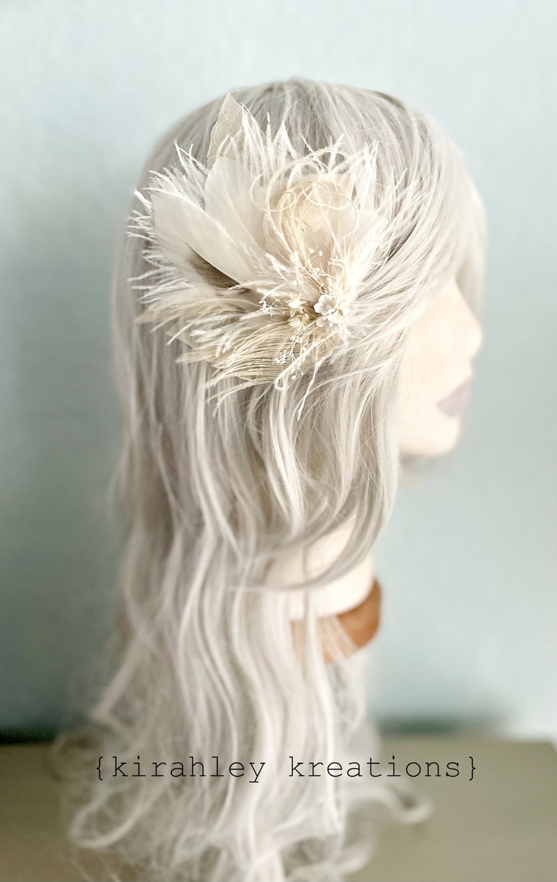 White Ivory Feather and Dried Flower Hairpiece Bridal Hair Comb Skeleton Leaf Hair Clip Babys Breath, Peacock Sword and Herl, Ostrich image 2