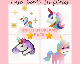 May include: A pink background features four square panels with pixelated unicorn designs. The text "Fuse beads templates" and "Unicorn Dreams Pack" are displayed. The lower text reads "Unicorn Templates".