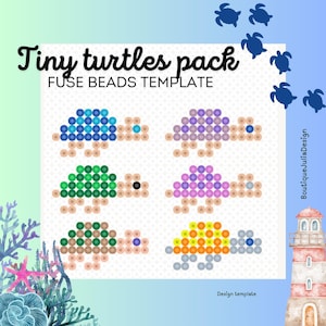 May include: A design template with six pixel art turtle designs in different colours, including blue, green, purple, and yellow. The text "Tiny turtles pack" and "FUSE BEADS TEMPLATE" are displayed at the top.