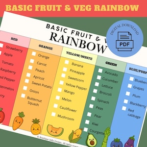 May include: A colorful chart titled "Basic Fruit & Veg Rainbow" lists fruits and vegetables by color: red, orange, yellow/white, green, and blue/purple. Includes a digital download PDF icon. Cute cartoon illustrations of fruits and vegetables are included.