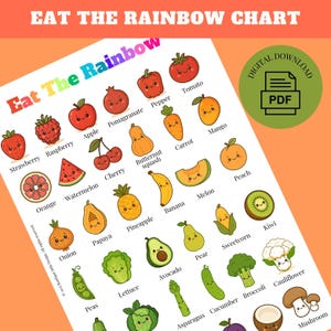 Könnte beinhalten: Ein digitaler Download-Chart "Eat the Rainbow Chart" mit Illustrationen von Obst und Gemüse. Die Liste umfasst Erdbeeren, Äpfel und andere Produkte, mit dem Text "Eat The Rainbow Chart" oben.