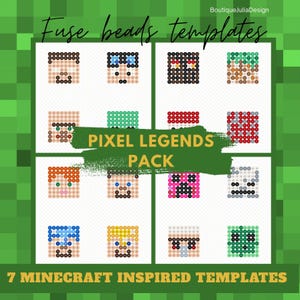 Peut inclure: Modèles de perles à repasser avec des personnages pixélisés. Les motifs comprennent divers visages et figures, avec le texte "PIXEL LEGENDS PACK" et "7 MINECRAFT INSPIRED TEMPLATES". Le fond est un motif pixelisé vert.
