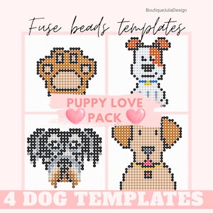 Può includere: Grafica rosa e bianca con quattro disegni di cani realizzati con perline fuse. Il testo recita "Fuse beads templates", "Puppy Love Pack" e "4 Dog Templates".