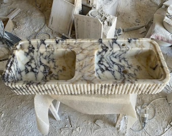 Calacatta Viola Double Sink, Fluted Front Marble Vanity Sink – 18″x48″, Luxury Natural Stone Bathroom Basin, Custom Handcrafted Solid Marble